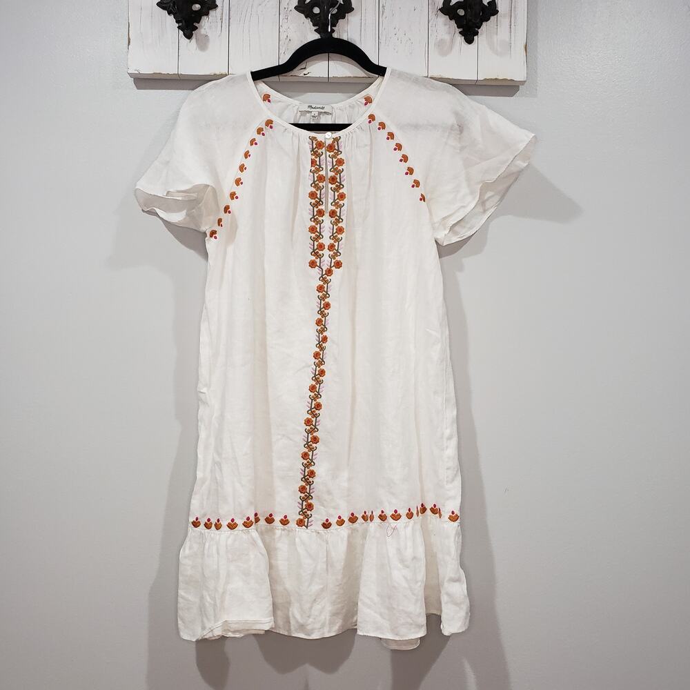Madewell Embroidered Linen Blend Raglan Ruffle Mini Dress Boho White Size S